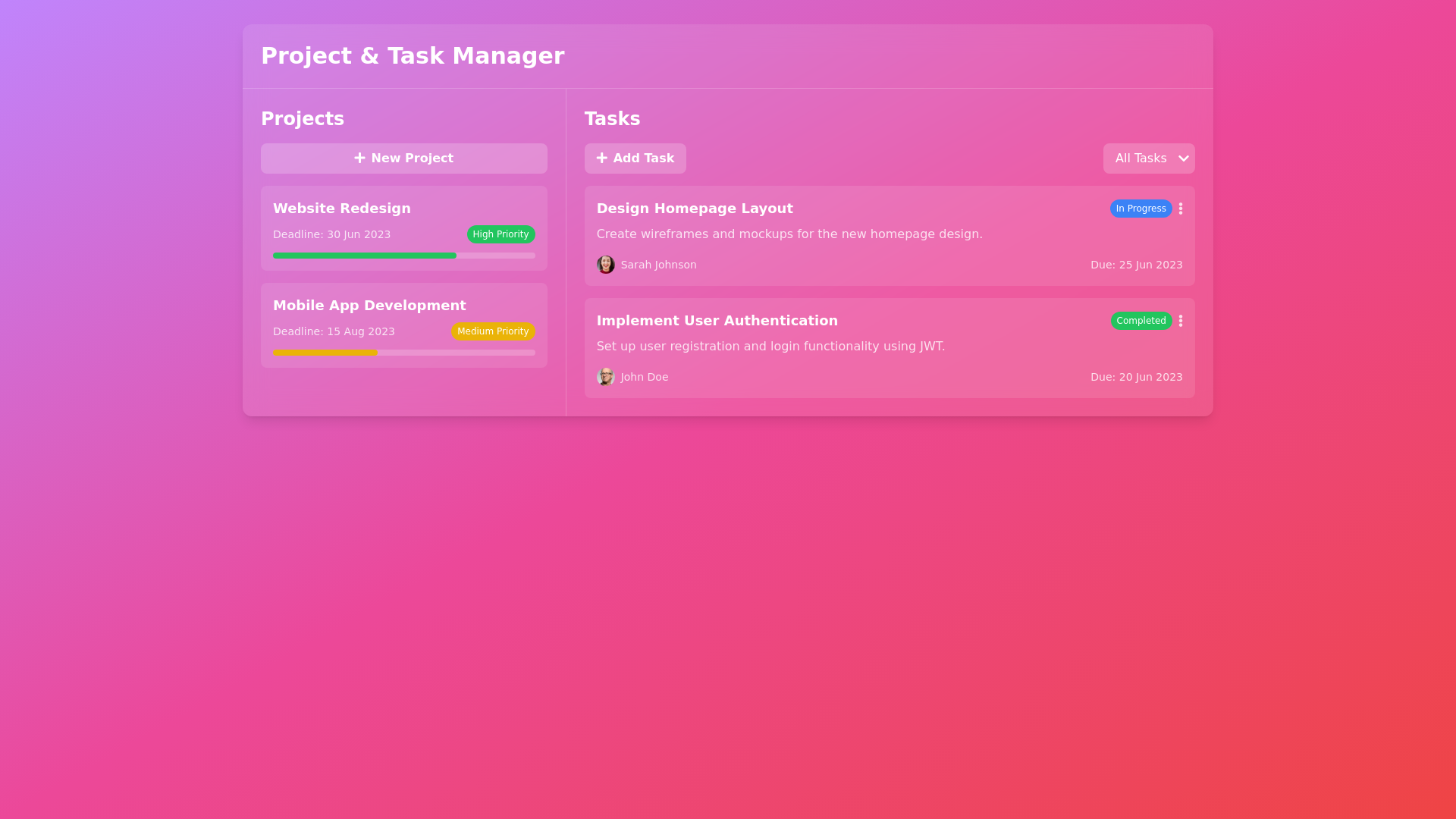Project Manager & Task Manager UI with Glassmorphism | Tailwind CSS
