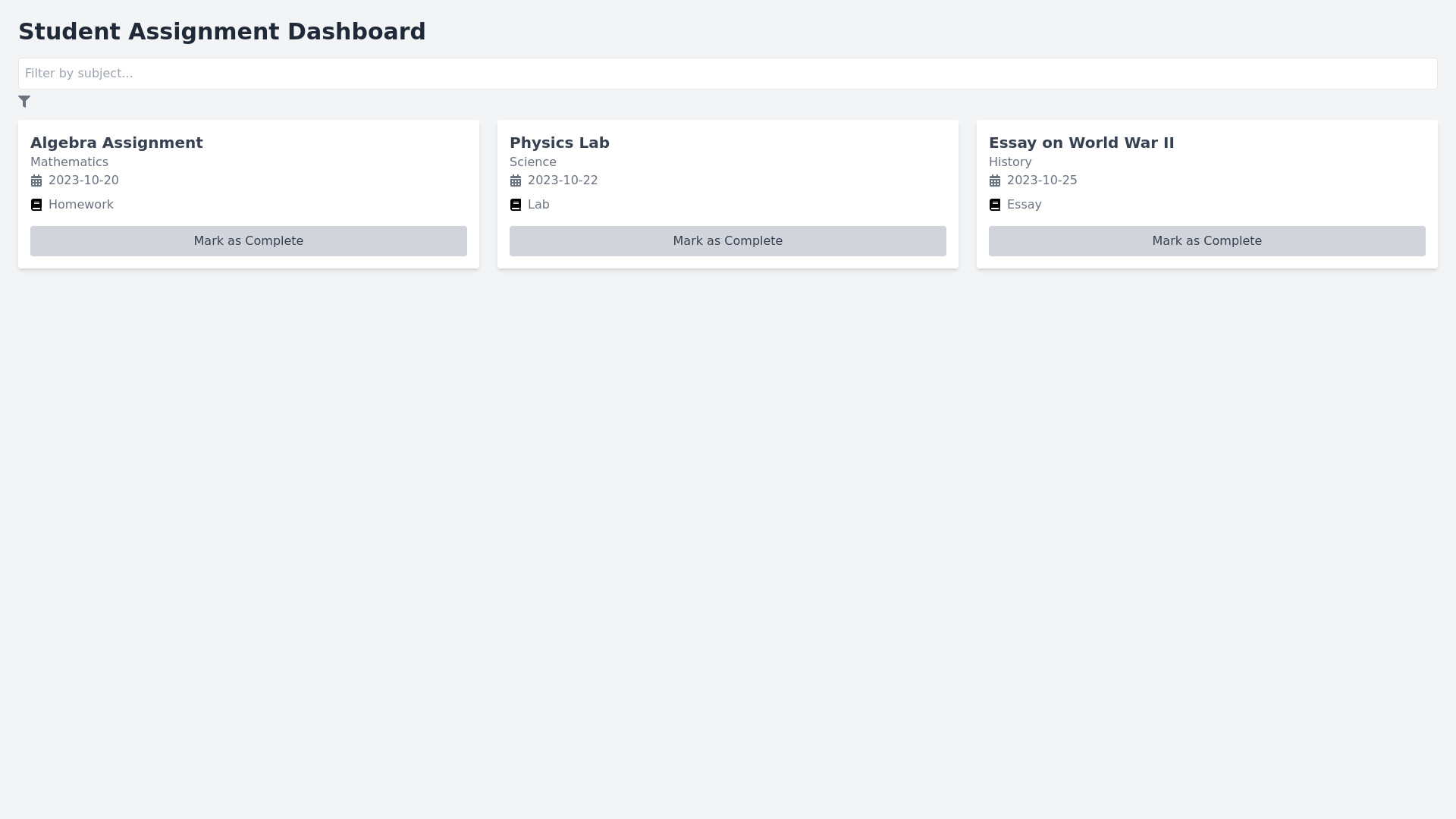 Assignments Data - Free React, Tailwind Component