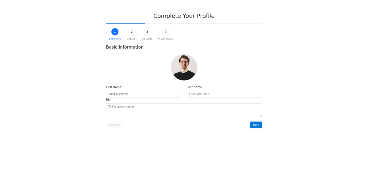 Profile Settings Stepper - Free Html, Bootstrap Component
