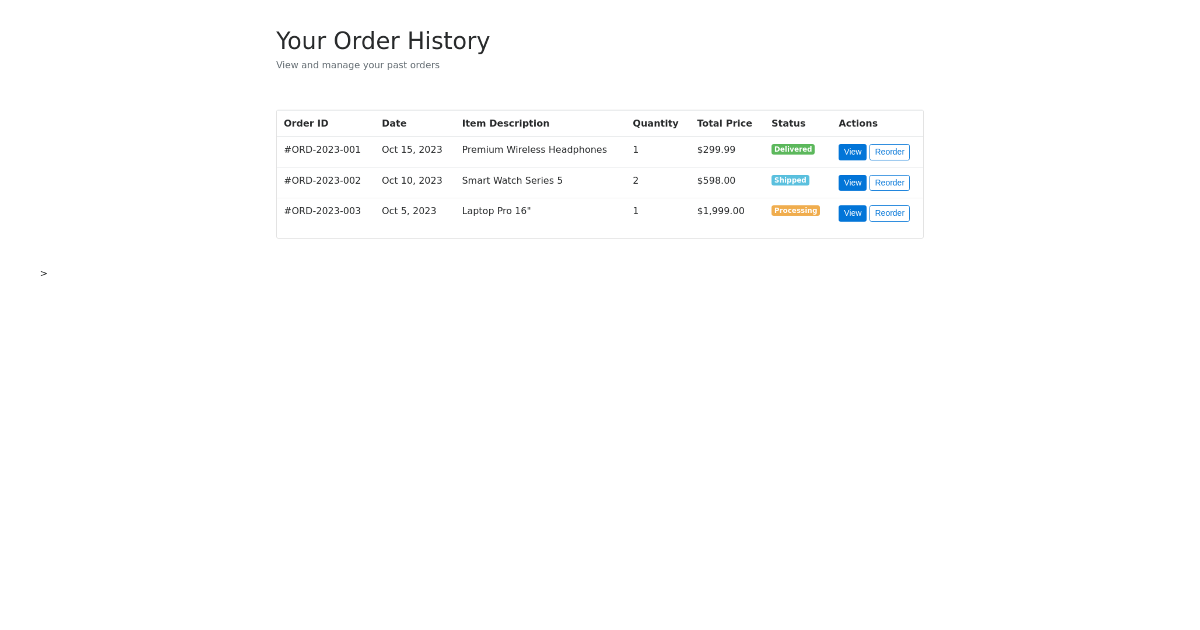Create Order History User Page - Bootstrap & HTML