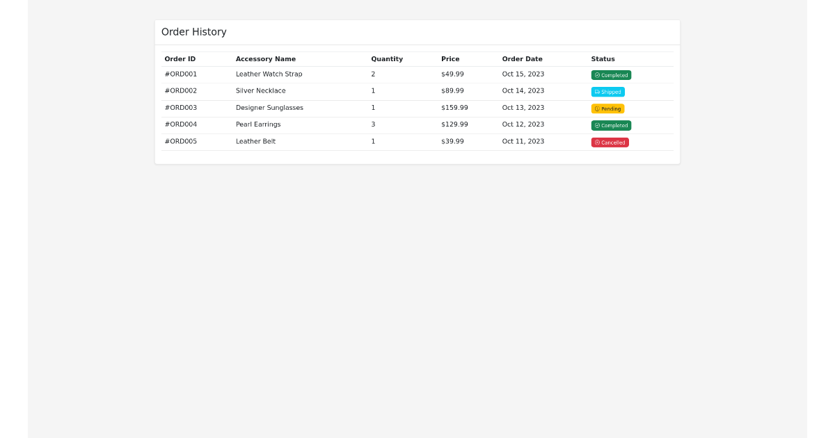 Order History Table - Free Html, Bootstrap Component